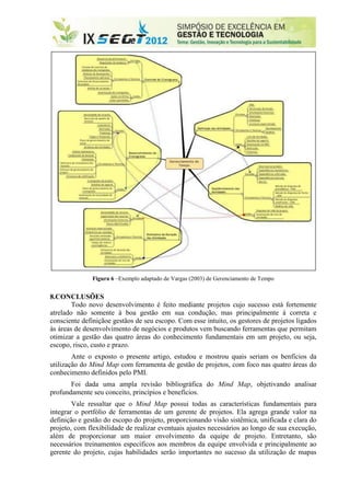 Figura 6 –Exemplo adaptado de Vargas (2003) de Gerenciamento de Tempo


8.CONCLUSÕES
        Todo novo desenvolvimento é feito mediante projetos cujo sucesso está fortemente
atrelado não somente à boa gestão em sua condução, mas principalmente à correta e
consciente definiçãoe gestãos de seu escopo. Com esse intuito, os gestores de projetos ligados
às áreas de desenvolvimento de negócios e produtos vem buscando ferramentas que permitam
otimizar a gestão das quatro áreas do conhecimento fundamentais em um projeto, ou seja,
escopo, risco, custo e prazo.
        Ante o exposto o presente artigo, estudou e mostrou quais seriam os benfícios da
utilização do Mind Map com ferramenta de gestão de projetos, com foco nas quatro áreas do
conhecimento definidos pelo PMI.
       Foi dada uma ampla revisão bibliográfica do Mind Map, objetivando analisar
profundamente seu conceito, princípios e benefícios.
        Vale ressaltar que o Mind Map possui todas as características fundamentais para
integrar o portfólio de ferramentas de um gerente de projetos. Ela agrega grande valor na
definição e gestão do escopo do projeto, proporcionando visão sistêmica, unificada e clara do
projeto, com flexibilidade de realizar eventuais ajustes necessários ao longo de sua execução,
além de proporcionar um maior envolvimento da equipe de projeto. Entretanto, são
necessários treinamentos específicos aos membros da equipe envolvida e principalmente ao
gerente do projeto, cujas habilidades serão importantes no sucesso da utilização de mapas
 