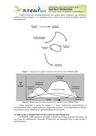 Poderá haver um interrelacionamento dos grupos pelos resultados que produzem,
conforme ilustra as figura 1 e 2 , podendo ocorrer várias vezes ao longo do projeto, inclusive
sobrepondo-se.


                       Processo de                    Processo de
                        Iniciação                     Planejamento




                          As setas representam o
                           fluxo de informação




                                                                         Processo de
                                        Processo de                       Execução
                                          Controle




                                                           Processo de
                                                          Encerramento




          Figura 1 – Ligação entre os grupos de processos em cada fase. Fonte: PMBOK (2000)




           Figura 2 – Sobreposição dos grupos de processo de cada fase. Fonte: PMBOK (2000)
       Nesta integração o gestor do projeto é o maior responsável, principalmente no
envolvimento de toda a organização que compreende o projeto. A sua importância no projeto,
seu perfil deve estar adequado às responsabilidades de sua função.

2.5 ÁREAS DO CONHECIMENTO DA GESTÃO DE PROJETOS
       O PMBOK (2000) agrupa as atividades e tarefas envolvidas na gestão de projetos em
nove áreas de conhecimento, formando 39 processos que interagem entre si para compor o
todo do projeto.
 