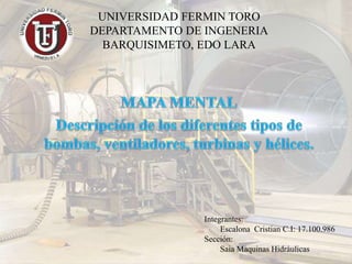 UNIVERSIDAD FERMIN TORO
DEPARTAMENTO DE INGENERIA
BARQUISIMETO, EDO LARA
Integrantes:
 Escalona Cristian C.I: 17.100.986
Sección:
 Saia Maquinas Hidráulicas
 