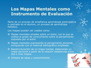 Los Mapas Mentales como
Instrumento de Evaluación
Parte de un proceso de enseñanza aprendizaje participativo
o centrado en el alumno, un proceso de aprendizaje
holístico.
Los mapas pueden ser usados como:
 Mapas mentales simples sobre un texto, con lo que se
evalúa el grado de conocimiento sobre el pensamiento
expuesto por el autor.
 Mapas mentales expresando el pensamiento personal,
enriquecido con el material bibliográfico empleado.

 Reestructuración de un mapa mental, elaborando un
mapa personal a partir de la relación establecida entre
dos o mas mapas.
 Síntesis de ideas y conocimientos.

 