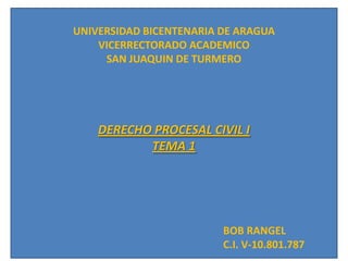 UNIVERSIDAD BICENTENARIA DE ARAGUA
VICERRECTORADO ACADEMICO
SAN JUAQUIN DE TURMERO

DERECHO PROCESAL CIVIL I
TEMA 1

BOB RANGEL
C.I. V-10.801.787

 