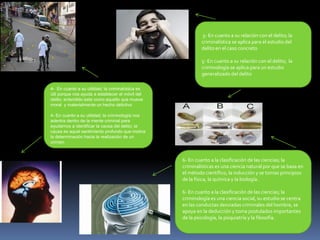 4- En cuanto a su utilidad; la criminalística es
útil porque nos ayuda a establecer el móvil del
delito; entendido este como aquello que mueve
moral y materialmente un hecho delictivo
4- En cuanto a su utilidad; la criminología nos
adentra dentro de la mente criminal para
ayudarnos a identificar la causa del delito; la
causa es aquel sentimiento profundo que motiva
la determinación hacia la realización de un
crimen.
5- En cuanto a su relación con el delito; la
criminalística se aplica para el estudio del
delito en el caso concreto
5- En cuanto a su relación con el delito; la
criminología se aplica para un estudio
generalizado del delito
6- En cuanto a la clasificación de las ciencias; la
criminalísticas es una ciencia natural por que se basa en
el método científico, la inducción y se tomas principios
de la física, la química y la biología.
6- En cuanto a la clasificación de las ciencias; la
criminología es una ciencia social, su estudio se centra
en las conductas desviadas criminales del hombre, se
apoya en la deducción y toma postulados importantes
de la psicología, la psiquiatría y la filosofía.
 