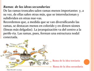 Ramas de las ideas secundarias
De las ramas troncales salen ramas menos importantes y, a
su vez, de ellas salen otras más, que se interrelacionan y
subdividen en otras nue­vas.
Recordemos que, a medida que se van diversificando las
ramas, se destacan menos en colorido y en dimen­siones
(líneas más delgadas). La jerarquización va del centro a la
perife­ria. Las ramas, pues, forman una estructura nodal
conectada.
Rama de la idea secundaria
Rama de la idea terciaria
 