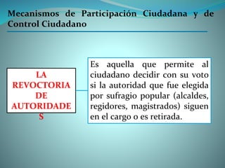 Es aquella que permite al
ciudadano decidir con su voto
si la autoridad que fue elegida
por sufragio popular (alcaldes,
regidores, magistrados) siguen
en el cargo o es retirada.
LA
REVOCTORIA
DE
AUTORIDADE
S
Mecanismos de Participación Ciudadana y de
Control Ciudadano
 