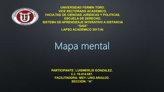 UNIVERSIDAD FERMIN TORO.
VICE RECTORADO ACADEMICO.
FACULTAD DE CIENCIAS JURIDICAS Y POLITICAS.
ESCUELA DE DERECHO.
SISTEMA DE APRENDIZAJE INTERATIVO A DISTANCIA
“SAIA”
LAPSO ACADÉMICO 2017/AI.
PARTICIPANTE: LUISMERLIS GONZALEZ.
C.I: 19.414.687.
FACILITADORA: MEY- LING ARAUJO.
SECCIÓN: “A”