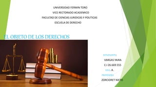 UNIVERSIDAD FERMIN TORO
VICE RECTORADO ACADEMICO
FACULTAD DE CIENCIAS JURIDICAS Y POLITICAS
ESCUELA DE DERECHO
EL OBJETO DE LOS DERECHOS
ESTUDIANTE:
VARGAS YAIRA
C.I 26.669.555
SAIA. A.
PROFESORA
ZORCIORET NIETO
 
