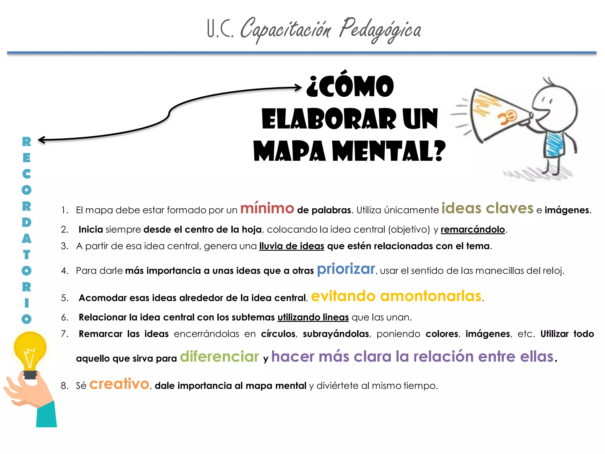 1. El mapa debe estar formado por un mínimo de palabras. Utiliza únicamente ideas claves e imágenes.
2. Inicia siempre desde el centro de la hoja, colocando la idea central (objetivo) y remarcándolo.
3. A partir de esa idea central, genera una lluvia de ideas que estén relacionadas con el tema.
4. Para darle más importancia a unas ideas que a otras priorizar, usar el sentido de las manecillas del reloj.
5. Acomodar esas ideas alrededor de la idea central, evitando amontonarlas.
6. Relacionar la idea central con los subtemas utilizando lineas que las unan.
7. Remarcar las ideas encerrándolas en círculos, subrayándolas, poniendo colores, imágenes, etc. Utilizar todo
aquello que sirva para diferenciar y hacer más clara la relación entre ellas.
8. Sé creativo, dale importancia al mapa mental y diviértete al mismo tiempo.
¿Cómo
elaborar un
Mapa Mental?
R
E
C
O
R
D
A
T
O
R
I
O
U.C. Capacitación Pedagógica