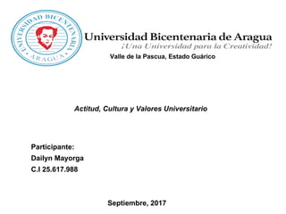 Actitud, Cultura y Valores Universitario
Participante:
Dailyn Mayorga
C.I 25.617.988
Valle de la Pascua, Estado Guárico
Septiembre, 2017
 