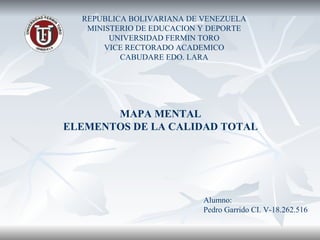 REPUBLICA BOLIVARIANA DE VENEZUELA MINISTERIO DE EDUCACION Y DEPORTE UNIVERSIDAD FERMIN TORO VICE RECTORADO ACADEMICO CABUDARE EDO. LARA MAPA MENTAL ELEMENTOS DE LA CALIDAD TOTAL Alumno: Pedro Garrido CI. V-18.262.516 
