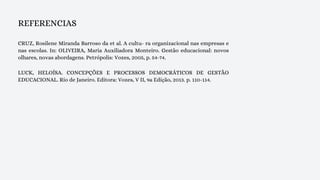 REFERENCIAS
CRUZ, Rosilene Miranda Barroso da et al. A cultu- ra organizacional nas empresas e
nas escolas. In: OLIVEIRA, Maria Auxiliadora Monteiro. Gestão educacional: novos
olhares, novas abordagens. Petrópolis: Vozes, 2005, p. 54-74.
LUCK, HELOÍSA. CONCEPÇÕES E PROCESSOS DEMOCRÁTICOS DE GESTÃO
EDUCACIONAL. Rio de Janeiro. Editora: Vozes, V II, 9a Edição, 2013. p. 110-114.
 