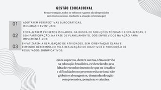GESTÃO EDUCACIONAL
01
02
03
ADOTAREM PERSPECTIVAS BUROCRÁTICAS,
ISOLADAS E EVENTUAIS;
FOCALIZAREM PROJETOS ISOLADOS, NA BUSCA DE SOLUÇÕES TÓPICAS E LOCALIZADAS, E
SEM PARTICIPAÇÃO, NA FASE DE PLANEJAMENTO, DOS ENVOLVIDOS NA AÇÃO PARA
IMPLEMENTÁ-LOS;
ENFATIZAREM A REALIZAÇÃO DE ATIVIDADES, SEM ORIENTAÇÃO CLARA E
EMPENHO DETERMINADO PELA REALIZAÇÃO DE OBJETIVOS E PROMOÇÃO DE
RESULTADOS SIGNIFICATIVOS.
Sem orientação, todos os esforços e gastos são despendidos
sem muito sucesso, mediante a atuação orientada por
estes aspectos, dentre outros, têm ocorrido
na educação brasileira, evidenciando-se a
falta de reconhecimento de que os desafios
e dificuldades no processo educacional são
globais e abrangentes, demandando ação
compreensiva, perspicaz e criativa.
 