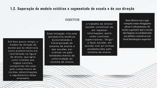 1.2. Superação de modelo estático e segmentado de escola e de sua direção
Até bem pouco tempo, o
modelo de direção da
escola que se observava
como predominante era
centralizado na figura
do diretor, que agira
como tutelado aos
órgãos centrais,
competindo-lhe zelar
pelo cumprimento de
normas, determinações
e regulamentos deles
emanados
Essa situação, cria uma
perspectiva estática,
burocratizada e
hierarquizada do
sistema de ensino e
das escolas, por
orientar-se pelo
estabelecimento de
uniformidade do
sistema de ensino
o trabalho do diretor
escolar constituía-se,
em repassar
informações, assim
como controlar,
supervisionar, "dirigir”
o fazer escolar, em
acordo com as normas
estabelecidas pelo
sistema de ensino.
DIRETOR Bom diretor era o que
cumpria essas obrigações
plena e zelosamente, de
modo a garantir que a escola
não fugisse ao estabelecido
em âmbito central ou em
nível hierárquico superior.
 