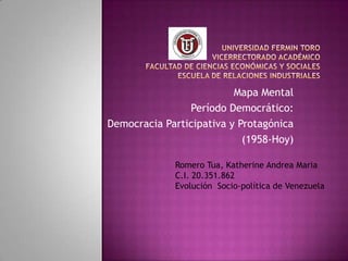 Mapa Mental
                Período Democrático:
Democracia Participativa y Protagónica
                            (1958-Hoy)

             Romero Tua, Katherine Andrea Maria
             C.I. 20.351.862
             Evolución Socio-política de Venezuela
 