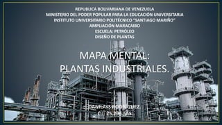 REPUBLICA BOLIVARIANA DE VENEZUELA
MINISTERIO DEL PODER POPULAR PARA LA EDUCACIÓN UNIVERSITARIA
INSTITUTO UNIVERSITARIO POLITÉCNICO “SANTIAGO MARIÑO”
AMPLIACIÓN MARACAIBO
ESCUELA: PETRÓLEO
DISEÑO DE PLANTAS
MAPA MENTAL:
PLANTAS INDUSTRIALES.
DANILAYS RODRÍGUEZ.
C.I: 25.296.565
 