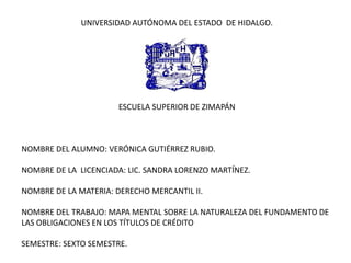 UNIVERSIDAD AUTÓNOMA DEL ESTADO DE HIDALGO.
ESCUELA SUPERIOR DE ZIMAPÁN
NOMBRE DEL ALUMNO: VERÓNICA GUTIÉRREZ RUBIO.
NOMBRE DE LA LICENCIADA: LIC. SANDRA LORENZO MARTÍNEZ.
NOMBRE DE LA MATERIA: DERECHO MERCANTIL II.
NOMBRE DEL TRABAJO: MAPA MENTAL SOBRE LA NATURALEZA DEL FUNDAMENTO DE
LAS OBLIGACIONES EN LOS TÍTULOS DE CRÉDITO
SEMESTRE: SEXTO SEMESTRE.