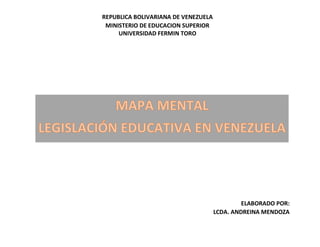 REPUBLICA BOLIVARIANA DE VENEZUELA
MINISTERIO DE EDUCACION SUPERIOR
UNIVERSIDAD FERMIN TORO
ELABORADO POR:
LCDA. ANDREINA MENDOZA
 