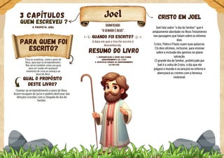 Para os israelitas, como o povo de
Deus, para que se arrependessem.
Mas serve também como um guia
para ser usado em qualquer
momento de crise ou ameaça ao
povo de Deus.
Qual o propósito
deste livro?
Joel
O profeta joel
QUEM ESCREVEU ?
3 Capítulos
Quando foi escrito?
Para quem foi
escrito? Resumo do livro
Cristo em joel
Joel fala sobre "o dia do Senhor" que é
amplamente abordado no Novo Testamento
nas passagens que falam sobre os útlimos
dias.
Cristo, Pedro e Paulo usam suas palavras.
Os dois últimos, inclusive, para ensinar
sobre a inclusão dos gentios no plano
salvação.
O grande dia do Senhor, profetizado por
Joel é a volta de Cristo, o dia que ele
julgará o mundo e os lançará no inferno e
abençoará os crentes com a herança
ceslestial.
A data em que o livo foi escrito é
desconhecida.
Significado:
"O Senhor é Deus".
Chamar ao arrependimento o povo de Deus.
Assim escapam do juízo e podem desfrutar das
bênçãos trazidas com a chegada do dia do
Senhor.
1. Apresentação e Crises que exigem
arrependimento (Jl 1-2:17)
2. Respostas divinas ao arrependimento
(J1 2:18-3:21)
 