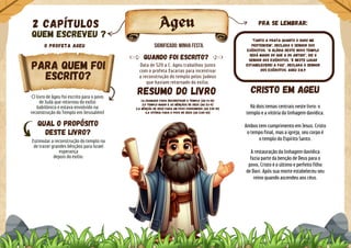 O profeta ageu
QUEM ESCREVEU ?
Quando foi escrito?
Significado: minha festa.
Qual o propósito
deste livro?
Ageu
2 Capítulos
Para quem foi
escrito?
Resumo do livro Cristo em ageu
Há dois temas centrais neste livro: o
templo e a vitória da linhagem davídica.
Ambos tem cumprimento em Jesus. Cristo
o tempo final, mas a igreja, seu corpo é
o templo do Espírito Santo.
A restauração da linhagem davídica
fazia parte da benção de Deus para o
povo, Cristo é o último e perfeito filho
de Davi. Após sua morte estabeleceu seu
reino quando ascendeu aos céus.
Data de 520 a.C. Ageu trabalhou junto
com o profeta Zacarias para incentivar
a reconstrução do templo pelos judeus
que haviam retornado do exílio.
Estimular a reconstrução do templo na
de trazer grandes bênçãos para Israel
esperança
depois do exílio.
1.0 chamado para reconstruir o templo (Ag 1:1-15)
2.0 templo maior e as bênçãos de Deus (Ag 2:1-9)
3.A bênção de Deus para um povo corrompido (Ag 2:10-19)
4.A vitória para o povo de Deus (Ag 2:20-23)
"Tanto a prata quanto o ouro me
pertencem", declara o Senhor dos
Exércitos. "A glória deste novo templo
será maior do que a do antigo", diz o
Senhor dos Exércitos. "E neste lugar
estabelecerei a paz", declara o Senhor
dos Exércitos. Ageu 2:8,9
pra se lembrar:
O livro de Ageu foi escrito para o povo
de Judá que retornou do exílio
babilônico e estava envolvido na
reconstrução do Templo em Jerusalém1
 