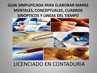 LICENCIADO EN CONTADURIA
GUIA SIMPLIFICADA PARA ELABORAR MAPAS
MENTALES, CONCEPTUALES, CUADROS
SINOPTICOS Y LINEAS DEL TIEMPO
 