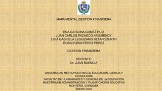 MAPA MENTAL GESTION FINANCIERA
ENA CATALINA GOMEZ RUIZ
JUAN CARLOS PACHECO ARISMENDY
LIBIA GABRIELA LEGUIZAMO BETANCOURTH
ROSA ELENA PEREZ PEREZ
GESTION FINANCIERA
DOCENTE:
Dr. JUAN BUENDIA
UNIVERSIDAD METROPOLITANA DE EDUCACIÓN, CIENCIA Y
TECNOLOGÍA
FACULTAD DE HUMANIDADES Y CIENCIAS DE LA EDUCACIÓN
MAESTRÍA EN ADMINISTRACIÓN Y PLANIFICACIÓN EDUCATIVA
MONTERÍA -CÓRDOBA
ENERO 2020
 