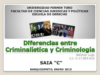 Belimar Lugo
C.I. V-17.854.815
UNIVERSIDAD FERMIN TORO
FACULTAD DE CIENCIAS JURIDICAS Y POLÍTICAS
ESCUELA DE DERECHO
BARQUISIMETO, ENERO 2015
SAIA “C”
 