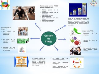 Gestión
de
PYMES
PYME es un sistema de Gestión que
permite a las pequeñas, medianas y
grandes empresas, realizar una
contabilidad, gestión comercial y pago de
remuneraciones de manera eficiente y
controlada.
Ventajas de las PYME:
• Flexibilidad en las
empresas.
• Cambiar de nicho de
mercado.
• Los puestos de trabajo son
más amplios, menos
estrictos.
• El mayor nivel de
conocimiento específico.
• Toma de decisiones
estratégicas.
• Visión enfocada en las
necesidades de los clientes.
El objetivo básico del
sistema consiste en que
permite automatizar,
integrar y controlar los
procesos de negocio de
una empresa.
Desventajas de las
PYME:
• No cuentan con
lineamientos
específicos.
• No gozan de un
importante respaldo
financiero.
• Requieren de una
constante revisión de
su estructura.
Razones para que las PYMES
adopten un sistema ERP:
• Distintas opciones en el
mercado
• Organización integral de la
información
• Seguridad en los datos
• Más competitividad
• Mayor interacción con los
clientes
• Reducción de inventarios
• Evolución del mercado
 