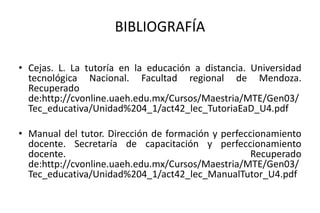 BIBLIOGRAFÍA

• Cejas. L. La tutoría en la educación a distancia. Universidad
  tecnológica Nacional. Facultad regional de Mendoza.
  Recuperado
  de:http://cvonline.uaeh.edu.mx/Cursos/Maestria/MTE/Gen03/
  Tec_educativa/Unidad%204_1/act42_lec_TutoriaEaD_U4.pdf

• Manual del tutor. Dirección de formación y perfeccionamiento
  docente. Secretaría de capacitación y perfeccionamiento
  docente.                                          Recuperado
  de:http://cvonline.uaeh.edu.mx/Cursos/Maestria/MTE/Gen03/
  Tec_educativa/Unidad%204_1/act42_lec_ManualTutor_U4.pdf
 
