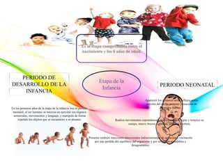 Etapa de la
Infancia
Es la etapa comprendida entre el
nacimiento y los 6 años de edad.
PERIODO NEONATAL
PERIODO DE
DESARROLLO DE LA
INFANCIA
En los primeros años de la etapa de la infancia tras el periodo
neonatal, el ser humano se interesa en ejercitar sus órganos
sensoriales, movimientos y lenguaje, y manipula de forma
repetida los objetos que se encuentran a su alcance.
Aparecen los primeros actos reflejos como
succión del pecho materno y reacción de
sonidos fuertes.
Realiza movimientos espontáneos e indiferenciados: agita y retuerce su
cuerpo, mueve brazos y piernas, pedalea, etcétera.
Presenta también reacciones emocionales indiscriminadas de agitación y excitación
por una perdida del equilibrio del organismo y por estímulos agradables y
desagradables.
 
