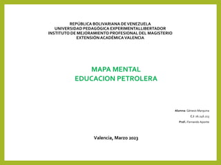REPÚBLICA BOLIVARIANA DEVENEZUELA
UNIVERSIDAD PEDAGÓGICA EXPERIMENTALLIBERTADOR
INSTITUTO DE MEJORAMIENTO PROFESIONAL DEL MAGISTERIO
EXTENSIÓN ACADÉMICAVALENCIA
MAPA MENTAL
EDUCACION PETROLERA
Alumna: Génesis Marquina
C.I: 26.246.213
Prof.: Fernando Aponte
Valencia, Marzo 2023
 