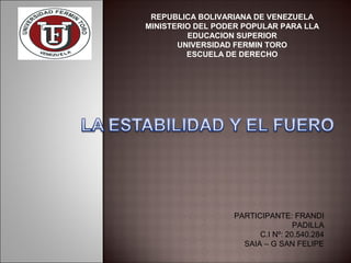 REPUBLICA BOLIVARIANA DE VENEZUELA
MINISTERIO DEL PODER POPULAR PARA LLA
EDUCACION SUPERIOR
UNIVERSIDAD FERMIN TORO
ESCUELA DE DERECHO
PARTICIPANTE: FRANDI
PADILLA
C.I Nº: 20.540.284
SAIA – G SAN FELIPE
 
