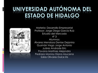 UNIVERSIDAD AUTÓNOMA DEL
ESTADO DE HIDALGO
Materia: Desarrollo Empresarial
Profesor: Jorge Diego García Ruíz
Estudio del Mercado
4° 3
Alumnos:
Álvarez Mendoza Denise Dejanira
Guzmán Vega Jorge Antonio
Juárez Andrade Eric
Pavana Martínez Alejandra
Pedraza Monroy Diana Azucena
Salas Olivares Dulce Iris