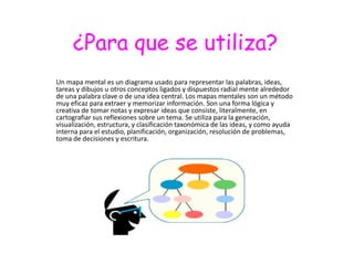 ¿Para que se utiliza?
Un mapa mental es un diagrama usado para representar las palabras, ideas,
tareas y dibujos u otros conceptos ligados y dispuestos radial mente alrededor
de una palabra clave o de una idea central. Los mapas mentales son un método
muy eficaz para extraer y memorizar información. Son una forma lógica y
creativa de tomar notas y expresar ideas que consiste, literalmente, en
cartografiar sus reflexiones sobre un tema. Se utiliza para la generación,
visualización, estructura, y clasificación taxonómica de las ideas, y como ayuda
interna para el estudio, planificación, organización, resolución de problemas,
toma de decisiones y escritura.