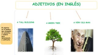 ADJETIVOS (EN INGLÉS)
El adjetivo
es la palabra
que acompaña
al sustantivo
o nombre
para
determinarlo
o calificarlo;
A TALL BUILDING A GREEN TREE A VERY OLD MAN
 