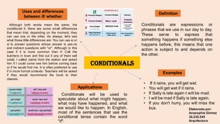 CONDITIONALS
Conditionals will be used to
speculate about what might happen,
what may have happened, and what
we would like to happen. In English,
most of the sentences that use the
conditional tense contain the word
"if".
Definition
Examples
• If it rains, you will get wet.
• You will get wet if it rains.
• If Sally is late again I will be mad.
• I will be mad if Sally is late again.
• If you don't hurry, you will miss the
bus.
Conditionals are expressions or
phrases that we use in our day to day.
These serve to express that
something happens if something else
happens before, this means that one
action is subject to and depends on
the other.
Applications
Although both words mean the same, the
conditional if, there are some small differences
that mean that, depending on the moment, they
can use one or the other. As always, let's see
what those little differences are: You can use si or
si to answer questions whose answer is yes-no
and indirect questions with "or". Although in this
case if it is more common than if: Call the
butchers in town and find out if any of them sell
oxtail. I called Jaime from the station and asked
him if I could come see him before coming back
or if he would find me. It is often preferred to use
if in more formal contexts: Teachers will be asked
if they would recommend the book to their
classes.
Uses and differences
between if/ whether
Elaborado por:
Anasophia Gómez
30.230.545
Arquitectura
 