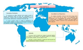 CARACTERISTICAS
Concepciones Doctrinarias.
Se caracteriza por reflejar soluciones de las grandes escuelas de
Derecho Internacional Privado del siglo XIX, especialmente la de
Joseph Story y Federico Carlos Von Savigny, modernizadas a través de
las mas recientes elaboraciones doctrinarias del presente siglo.
La mayor novedad consiste en reflejar la flexibilización del
clásico método conflictual y le otorga al juez la facultad de perseguir en
sus soluciones la justicia material de cada caso.
Autonomía.
Se trata de una ley especial que consagra la autonomía legislativa
en la materia, la cual responde a las tendencias actuales en la evolución
de este Derecho, iniciada con la ley polaca de 1926.
Sin duda su carácter autónomo es garantía del cabal desarrollo del
Derecho Internacional Privado en Venezuela.
Generalidad de sus Disposiciones.
Se considera aconsejable el hecho de que esta ley tenga carácter
general, a fin de que sirva de marco a las disposiciones que
permanecerían en las correspondientes leyes especiales. Tal generalidad
se aconseja debido a la amplitud de la materia y que habría obligado a
los proyectistas a elaborar el proyecto de ley excesivamente largo y de
difícil aplicación.
 