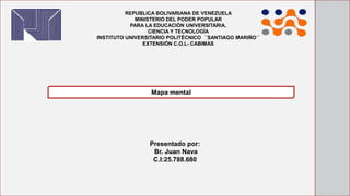REPUBLICA BOLIVARIANA DE VENEZUELA
MINISTERIO DEL PODER POPULAR
PARA LA EDUCACIÓN UNIVERSITARIA,
CIENCIA Y TECNOLOGÍA
INSTITUTO UNIVERSITARIO POLITÉCNICO ´´SANTIAGO MARIÑO´´
EXTENSIÓN C.O.L- CABIMAS
Presentado por:
Br. Juan Nava
C.I:25.788.680
Mapa mental
 