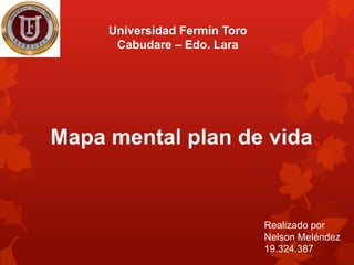 Universidad Fermín Toro
Cabudare – Edo. Lara

Mapa mental plan de vida

Realizado por
Nelson Meléndez
19.324.387

 