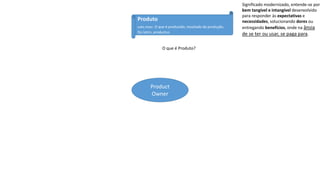 Product
Owner
Produto
subs.masc. O que é produzido, resultado da produção.
Do latim, productus.
Significado modernizado, entende-se por
bem tangível e intangível desenvolvido
para responder às expectativas e
necessidades, solucionando dores ou
entregando benefícios, onde na ânsia
de se ter ou usar, se paga para.
O que é Produto?
 