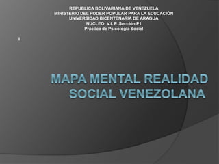 REPUBLICA BOLIVARIANA DE VENEZUELA
MINISTERIO DEL PODER POPULAR PARA LA EDUCACIÓN
UNIVERSIDAD BICENTENARIA DE ARAGUA
NUCLEO: V.L P. Sección P1
Práctica de Psicología Social
I
 
