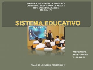 REPÚBLICA BOLIVARIANA DE VENEZUELA
UNIVERSIDAD BICENTENARIA DE ARAGUA
SEDE: VALLE DE LA PASCUA
SECCIÓN P1
PARTICIPANTE:
KEVIN SANCHEZ
C.I. 26.844.198
VALLE DE LA PASCUA, FEBRERO 2017
 