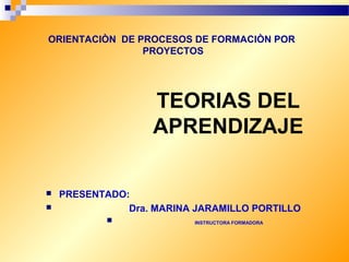 ORIENTACIÒN DE PROCESOS DE FORMACIÒN POR
PROYECTOS

TEORIAS DEL
APRENDIZAJE



PRESENTADO:
Dra. MARINA JARAMILLO PORTILLO


INSTRUCTORA FORMADORA

 