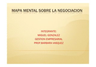 MAPA MENTAL SOBRE LA NEGOCIACION




               INTEGRANTE:
             MIGUEL GONZALEZ
           GESTION EMPRESARIAL
          PROF:BARBARA VASQUEZ
 