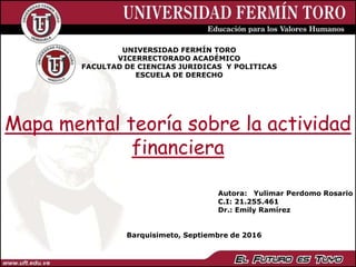 UNIVERSIDAD FERMÍN TORO
VICERRECTORADO ACADÉMICO
FACULTAD DE CIENCIAS JURIDICAS Y POLITICAS
ESCUELA DE DERECHO
Barquisimeto, Septiembre de 2016
Autora: Yulimar Perdomo Rosario
C.I: 21.255.461
Dr.: Emily Ramírez
Mapa mental teoría sobre la actividad
financiera
 