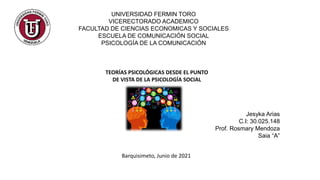 UNIVERSIDAD FERMIN TORO
VICERECTORADO ACADEMICO
FACULTAD DE CIENCIAS ECONOMICAS Y SOCIALES
ESCUELA DE COMUNICACIÓN SOCIAL
PSICOLOGÍA DE LA COMUNICACIÓN
TEORÍAS PSICOLÓGICAS DESDE EL PUNTO
DE VISTA DE LA PSICOLOGÍA SOCIAL
Jesyka Arias
C.I: 30.025.148
Prof. Rosmary Mendoza
Saia “A”
Barquisimeto, Junio de 2021
 