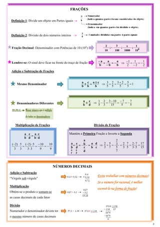 FRAÇÕES
Definição 1: Divide um objeto em Partes iguais →
Definição 2: Divisão de dois números inteiros →
Adição e Subtração de Frações
Mesmo Denominador
Denominadores Diferentes
m.m.c.
Multiplicação de Frações Divisão de Frações
d
b
c
a
d
c
b
a
⋅
⋅
=
⋅
9
10
9
10
3
3
5
)
2
(
3
5
3
)
2
(
−
=
−
=
⋅
⋅
−
=
⋅
−
Mantém a Primeira Fração e Inverte a Segunda
c
d
b
a
d
c
b
a
d
c
b
a
2
1
⋅
=
=
÷
↓
↓
o
o
15
17
5
3
7
2
5
7
3
2
7
5
3
2
7
5
3
2
=
⋅
⋅
=
⋅
=
=
÷
⇒
NÚMEROS DECIMAIS
Adição e Subtração
“Vírgula sob vírgula”
Multiplicação
Obtém-se o produto e somam-se
as casas decimais de cada fator
Divisão
Numerador e denominador devem ter
o mesmo número de casas decimais
Fração Decimal: Denominador com Potências de 10 (10n
)
b
a
b
a
b
a
−
=
−
=
−
2
1
2
1
2
1
−
=
−
=
−
⇒
b
c
a
b
c
b
a ±
=
± 1
5
5
5
2
3
5
2
5
3
=
=
+
=
+
⇒
d
c
b
a
±
5
7
5
7
15
10
3
3
2
5
1
−
=
−
=
−
=
−
⇒
Menor número que é múltiplo
de todos os denominadores
Evite trabalhar com números decimais!
Se o número for racional, é melhor
escrevê-lo na forma de fração!
8
10
1
;
1000
x
;
100
3
;
10
2
−
Lembre-se: O sinal deve ficar na frente do traço de fração
2
 