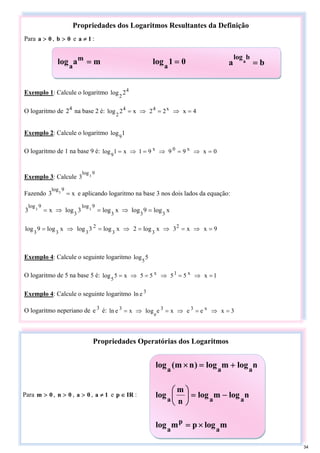 Propriedades dos Logaritmos Resultantes da Definição
Para 0
a > , 0
b > e 1
a ≠ :
Exemplo 1: Calcule o logaritmo 4
2
2
log
O logaritmo de 4
2 na base 2 é: 4
x
2
2
x
2
log x
4
4
2
=
⇒
=
⇒
=
Exemplo 2: Calcule o logaritmo 1
log
9
O logaritmo de 1 na base 9 é: 0
x
9
9
9
1
x
1
log x
0
x
9
=
⇒
=
⇒
=
⇒
=
Exemplo 3: Calcule
9
log3
3
Fazendo x
3
9
log3 = e aplicando logaritmo na base 3 nos dois lados da equação:
x
log
9
log
x
log
3
log
x
3 3
3
3
9
log
3
9
log 3
3 =
⇒
=
⇒
=
9
x
x
3
x
log
2
x
log
3
log
x
log
9
log 2
3
3
2
3
3
3
=
⇒
=
⇒
=
⇒
=
⇒
=
Exemplo 4: Calcule o seguinte logaritmo 5
log
5
O logaritmo de 5 na base 5 é: 1
x
5
5
5
5
x
5
log x
1
x
5
=
⇒
=
⇒
=
⇒
=
Exemplo 4: Calcule o seguinte logaritmo 3
e
n
l
O logaritmo neperiano de 3
e é: 3
x
e
e
x
e
g
o
l
x
e
n
l x
3
3
e
3
=
⇒
=
⇒
=
⇒
=
Propriedades Operatórias dos Logaritmos
n
log
m
log
)
n
m
(
log a
a
a
+
=
×
n
log
m
log
n
m
log
a
a
a
−
=
⎟
⎠
⎞
⎜
⎝
⎛
m
log
p
m
log a
p
a
×
=
Para 0
m > , 0
n > , 0
a > , 1
a ≠ e IR
p ∈ :
m
a
log m
a
= 0
1
loga
= b
a
b
log
a =
34
 