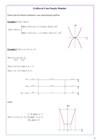 Gráfico de Uma Função Modular
Outros tipos de funções modulares e suas representações gráficas:
Exemplo 1: |
x
|
x
2
)
x
(
f =
⎪
⎩
⎪
⎨
⎧
−
=
−
=
⇒
−
=
⇒
<
=
=
⇒
=
⇒
≥
=
=
2
2
x
2
)
x
(
x
2
)
x
(
f
x
|
x
|
0
x
Para
x
2
)
x
(
x
2
)
x
(
f
x
|
x
|
0
x
Para
|
x
|
x
2
)
x
(
f
Exemplo 2: |
1
x
|
|
1
x
|
)
x
(
f −
+
+
=
3
2
1
3
2
1
2
1 )
x
(
f
)
x
(
f
|
1
x
|
|
1
x
|
)
x
(
f −
+
+
=
1
x
raiz
|
1
x
|
)
x
(
f 1 −
=
⇒
⇒
+
=
1
x
raiz
|
1
x
|
)
x
(
f 2 =
⇒
⇒
−
=
assim:
⎪
⎩
⎪
⎨
⎧
≥
<
<
−
−
≤
−
=
−
+
+
=
1
x
para
,
x
2
1
x
1
para
,
2
1
x
para
,
x
2
|
1
x
|
|
1
x
|
)
x
(
f
43
 