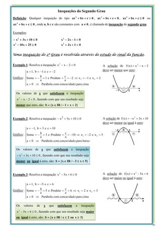 Inequações do Segundo Grau
Definição: Qualquer inequação do tipo 0
c
bx
ax2
>
+
+ , 0
c
bx
ax2
<
+
+ , 0
c
bx
ax2
≥
+
+ ou
0
c
bx
ax2
≤
+
+ , onde a, b e c são constantes com 0
a ≠ , é chamada de inequação do segundo grau.
Exemplos:
0
25
x
10
x
0
10
x
3
x
2
2
≥
+
−
≤
+
+
−
0
1
x
2
x
0
1
x
2
x
2
2
>
+
+
<
−
−
Uma inequação do 2º Grau é resolvida através do estudo do sinal da função.
Exemplo 1: Resolva a inequação 0
2
x
x2
<
−
−
Gráfico:
⎪
⎪
⎩
⎪
⎪
⎨
⎧
⇒
>
=
−
=
⇒
−
=
=
=
−
=
−
=
−
=
=
cima
para
e
concavidad
com
Parábola
0
a
2
x
e
1
x
2
a
c
Produto
e
1
a
b
Soma
2
c
e
1
b
1,
a
2
1
Exemplo 2: Resolva a inequação 0
10
x
3
x2
≥
+
+
−
Gráfico:
⎪
⎪
⎩
⎪
⎪
⎨
⎧
⇒
<
=
−
=
⇒
−
=
=
=
−
=
=
=
−
=
baixo
para
e
concavidad
com
Parábola
0
a
5
x
e
2
x
0
1
a
c
Produto
e
3
a
b
Soma
10
c
e
3
b
1,
a
2
1
Exemplo 3: Resolva a inequação 0
6
x
5
x2
≥
+
−
Gráfico:
⎪
⎪
⎩
⎪
⎪
⎨
⎧
⇒
>
=
=
⇒
=
=
=
−
=
=
−
=
=
cima
para
e
concavidad
com
Parábola
0
a
3
x
e
2
x
6
a
c
Produto
e
5
a
b
Soma
6
c
e
5
b
1,
a
2
1
A solução de 2
x
x
)
x
(
f 2
−
−
=
deve ser menor que zero:
Os valores de x que satisfazem a inequação
0
2
x
x2
<
−
− , fazendo com que seu resultado seja
menor que zero, são: }
2
x
1
/
IR
x
{
S <
<
−
∈
=
A solução de 10
x
3
x
)
x
(
f 2
+
+
−
=
deve ser menor ou igual à zero:
Os valores de x que satisfazem a inequação
0
10
x
3
x2
≤
+
+
− , fazendo com que seu resultado seja
menor ou igual à zero, são: }
5
x
2
/
IR
x
{
S ≤
≤
−
∈
=
A solução de 6
x
5
x
)
x
(
f 2
+
−
=
deve ser maior ou igual à zero:
Os valores de x que satisfazem a inequação
0
6
x
5
x2
≥
+
− , fazendo com que seu resultado seja maior
ou igual à zero, são: }
3
x
ou
2
x
/
IR
x
{
S ≥
≤
∈
=
51
 
