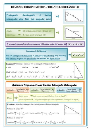 REVISÃO: TRIGONOMETRIA - TRIÂNGULO RETÂNGULO
Triângulo Retângulo é todo
triângulo que tem um ângulo reto
Catetos São os lados que formam o ângulo reto
Hipotenusa É o lado oposto ao ângulo reto
A soma dos ângulos internos em um triângulo vale 180 graus o
o
180
β
α
90 =
+
+
Teorema de Pitágoras
Em um triângulo Retângulo, a soma dos quadrados das medidas
dos catetos é igual ao quadrado da medida da hipotenusa
2
2
2
c
b
a +
=
Exemplo: Determine o Valor de “x” no triângulo retângulo abaixo:
Relações Trigonométricas Em Um Triângulo Retângulo
Cateto oposto Lado oposto ao ângulo (“lado em frente ao ângulo”)
Cateto adjacente Lado junto ao ângulo que não é a hipotenusa (“lado ligado ao ângulo”)
H
CO
Hipotenusa
Oposto
Cateto
(ângulo)
sen =
=
H
CA
Hipotenusa
Adjacente
Cateto
(ângulo)
cos =
=
CA
CO
Adjacente
Cateto
Oposto
Cateto
(ângulo)
tg =
=
x
5
a = m
6
b = x
4
c = 2
2
2
c
b
a +
=
( ) ( ) ( )2
2
2
x
4
m
6
x
5 +
= ⇒ 2
2
2
x
16
m
36
x
25 +
=
2
2
2
m
36
x
16
x
25 =
− ⇒ 2
2
2
2
m
4
x
m
36
x
9 =
⇒
= ⇒ m
2
x
m
4
x 2
=
⇒
=
Dicas!
Exemplo:Determine os valores dos catetos para o triângulo retângulo
Cálculo do cateto “b”
m
5
b
m
10
b
2
1
H
CO
)
30
(
sen =
⇒
=
⇒
=
o ou m
5
b
m
10
b
2
1
H
CA
)
60
cos( =
⇒
=
⇒
=
o
Cálculo do cateto “c”
m
2
3
5
b
m
10
c
2
3
H
CO
)
60
(
sen =
⇒
=
⇒
=
o ou m
2
3
5
b
m
10
c
2
3
H
CA
)
30
cos( =
⇒
=
⇒
=
o
9
 