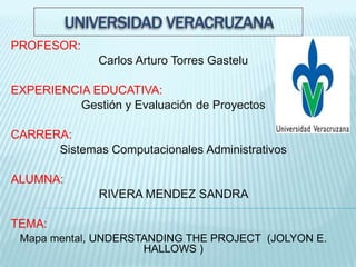 UNIVERSIDAD VERACRUZANA PROFESOR:  Carlos Arturo Torres Gastelu EXPERIENCIA EDUCATIVA: Gestión y Evaluación de Proyectos  CARRERA: Sistemas Computacionales Administrativos    ALUMNA: RIVERA MENDEZ SANDRA  TEMA: Mapa mental, UNDERSTANDING THE PROJECT  (JOLYON E. HALLOWS ) 